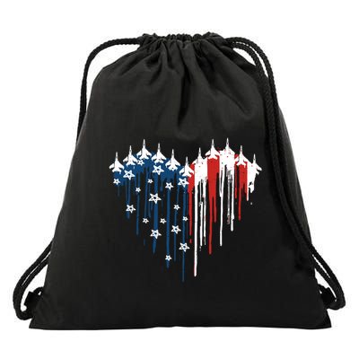 Retro Fighter Jet Airplane American Flag Heart 4th Of July Drawstring Bag
