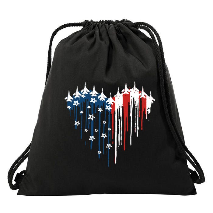 Retro Fighter Jet Airplane American Flag Heart 4th Of July Drawstring Bag