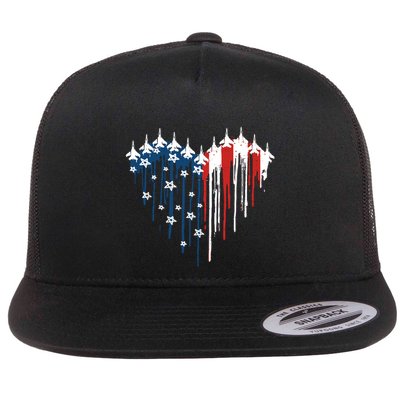 Retro Fighter Jet Airplane American Flag Heart 4th Of July Flat Bill Trucker Hat