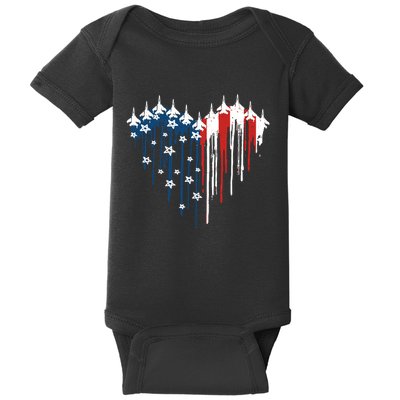 Retro Fighter Jet Airplane American Flag Heart 4th Of July Baby Bodysuit