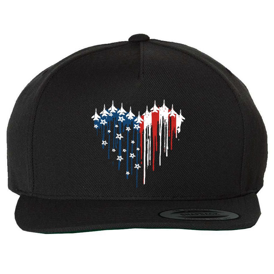 Retro Fighter Jet Airplane American Flag Heart 4th Of July Wool Snapback Cap