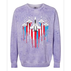 Retro Fighter Jet Airplane American Flag Heart 4th Of July Colorblast Crewneck Sweatshirt