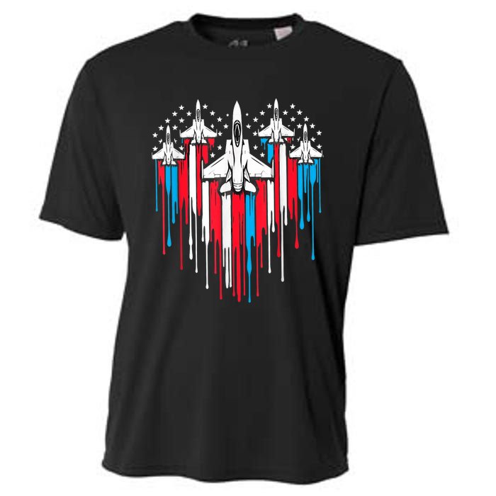 Retro Fighter Jet Airplane American Flag Heart 4th Of July Cooling Performance Crew T-Shirt