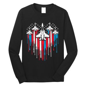 Retro Fighter Jet Airplane American Flag Heart 4th Of July Long Sleeve Shirt