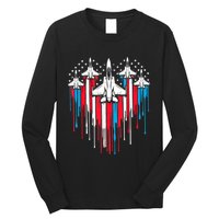 Retro Fighter Jet Airplane American Flag Heart 4th Of July Long Sleeve Shirt