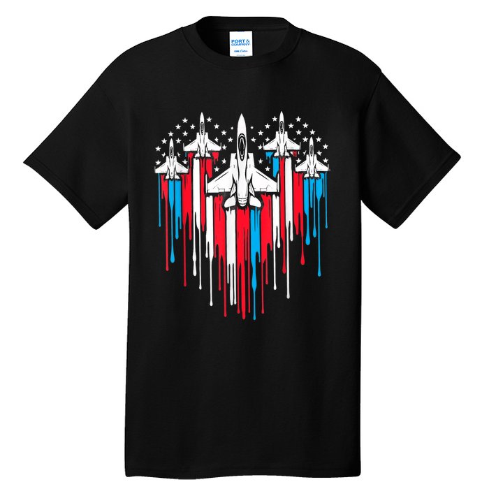 Retro Fighter Jet Airplane American Flag Heart 4th Of July Tall T-Shirt