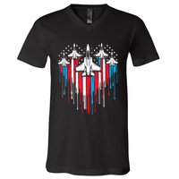 Retro Fighter Jet Airplane American Flag Heart 4th Of July V-Neck T-Shirt