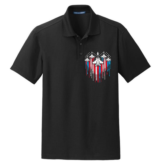 Retro Fighter Jet Airplane American Flag Heart 4th Of July Dry Zone Grid Polo