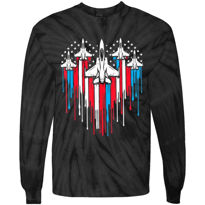 Retro Fighter Jet Airplane American Flag Heart 4th Of July Tie-Dye Long Sleeve Shirt