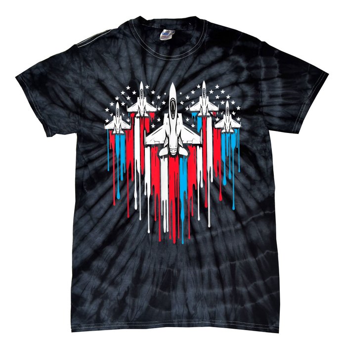 Retro Fighter Jet Airplane American Flag Heart 4th Of July Tie-Dye T-Shirt