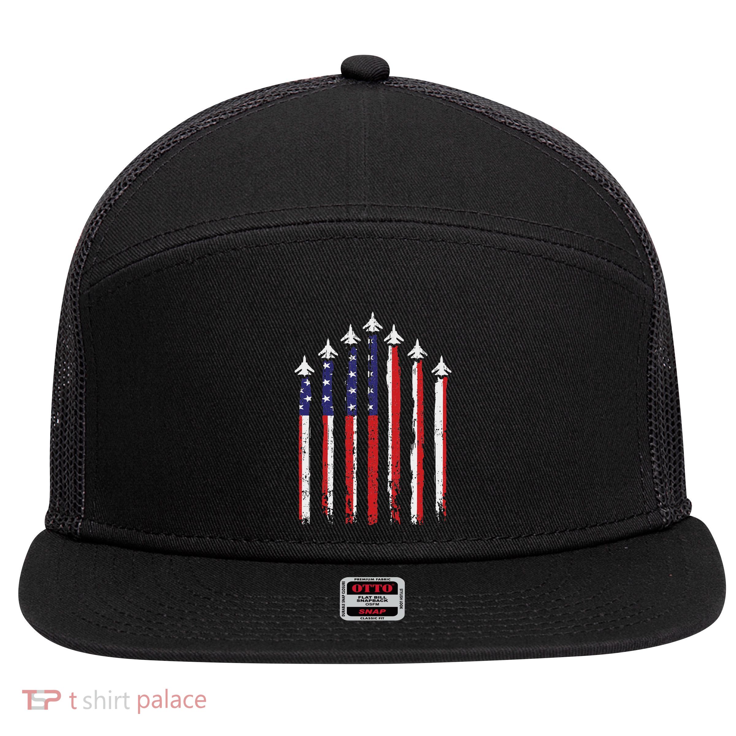 Retro Fighter Jet Airplane Usa Flag 4th Of July Patriotic 7 Panel Mesh Trucker Snapback Hat