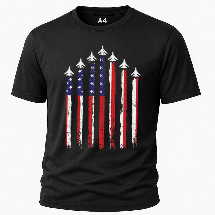 Retro Fighter Jet Airplane Usa Flag 4th Of July Patriotic Cooling Performance Crew T-Shirt