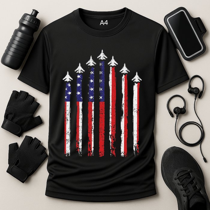 Retro Fighter Jet Airplane Usa Flag 4th Of July Patriotic Cooling Performance Crew T-Shirt