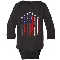 Retro Fighter Jet Airplane Usa Flag 4th Of July Patriotic Baby Long Sleeve Bodysuit