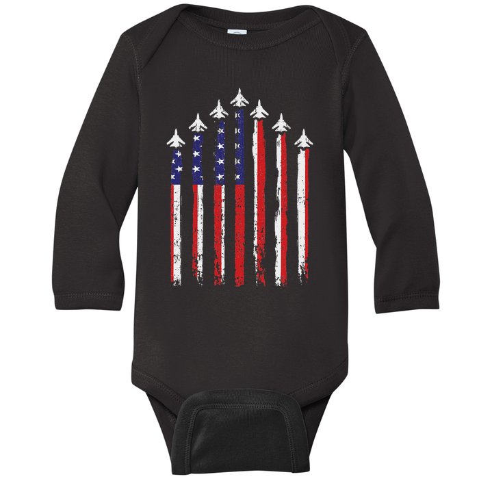 Retro Fighter Jet Airplane Usa Flag 4th Of July Patriotic Baby Long Sleeve Bodysuit