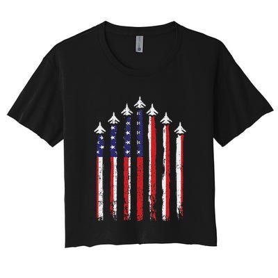 Retro Fighter Jet Airplane Usa Flag 4th Of July Patriotic Women's Crop Top Tee
