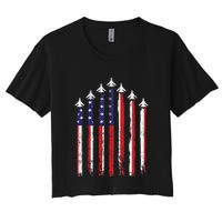 Retro Fighter Jet Airplane Usa Flag 4th Of July Patriotic Women's Crop Top Tee