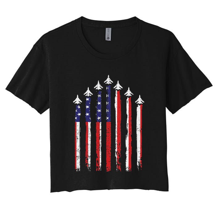Retro Fighter Jet Airplane Usa Flag 4th Of July Patriotic Women's Crop Top Tee