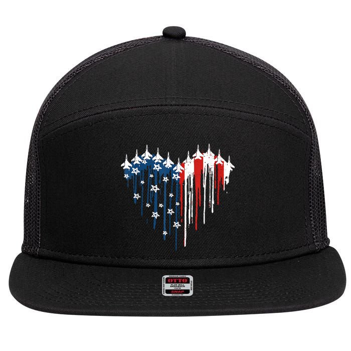 Retro Fighter Jet Airplane American Flag Heart 4th Of July 7 Panel Mesh Trucker Snapback Hat