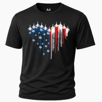 Retro Fighter Jet Airplane American Flag Heart 4th Of July Cooling Performance Crew T-Shirt