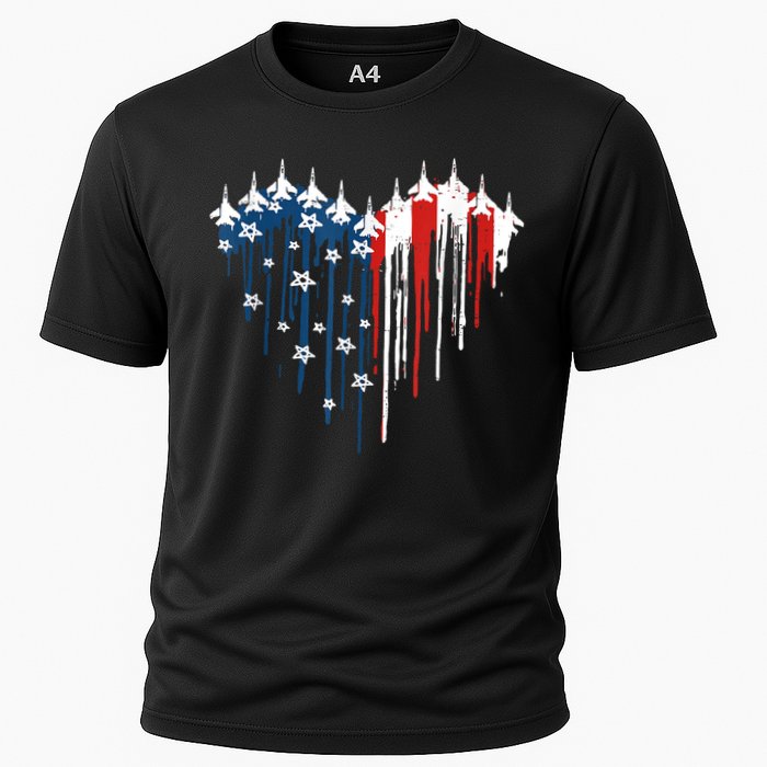 Retro Fighter Jet Airplane American Flag Heart 4th Of July Cooling Performance Crew T-Shirt