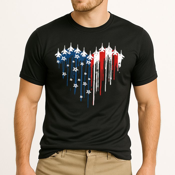Retro Fighter Jet Airplane American Flag Heart 4th Of July Cooling Performance Crew T-Shirt
