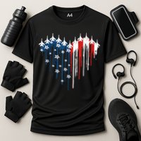 Retro Fighter Jet Airplane American Flag Heart 4th Of July Cooling Performance Crew T-Shirt