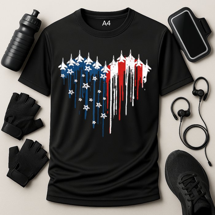 Retro Fighter Jet Airplane American Flag Heart 4th Of July Cooling Performance Crew T-Shirt