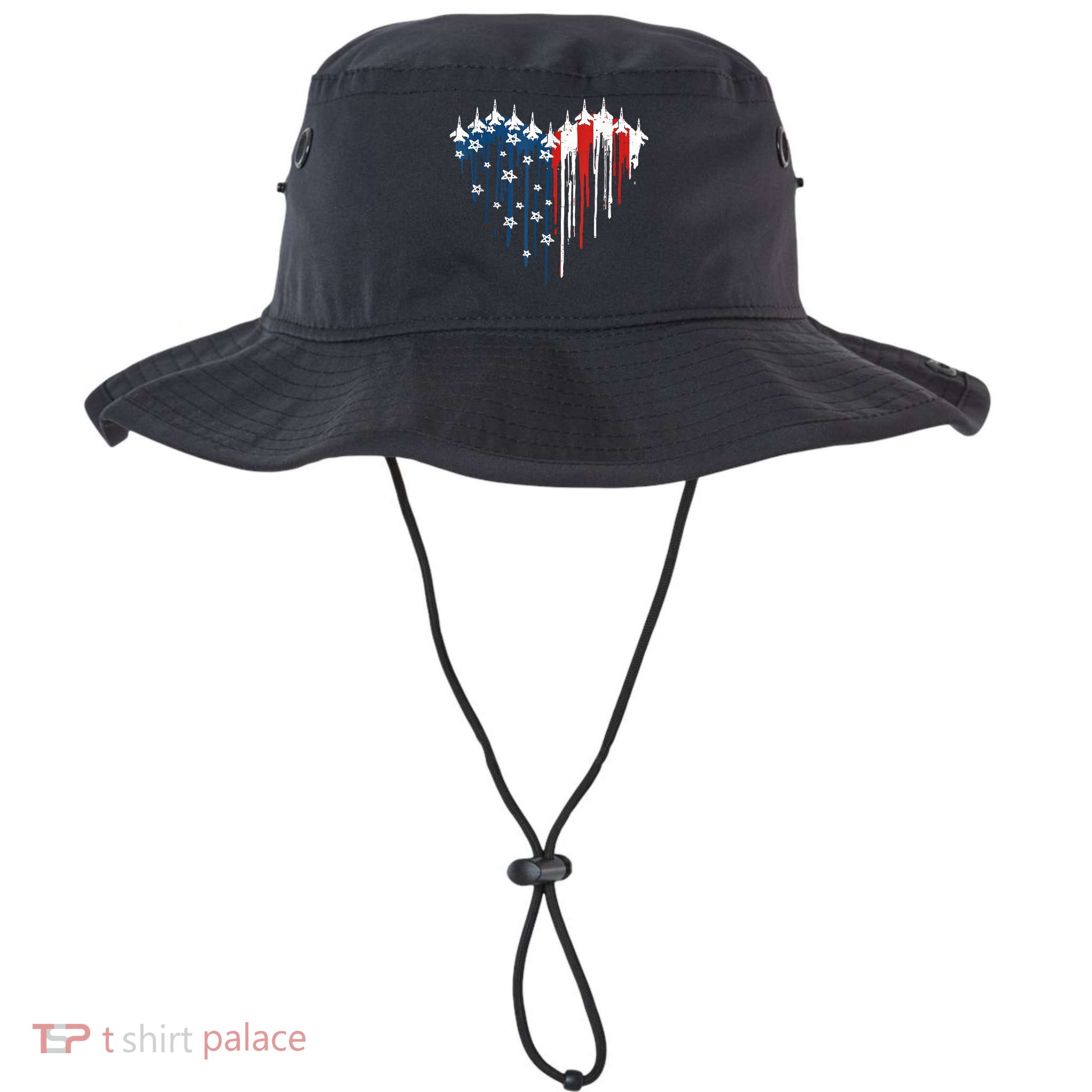 Retro Fighter Jet Airplane American Flag Heart 4th Of July Bucket Hat