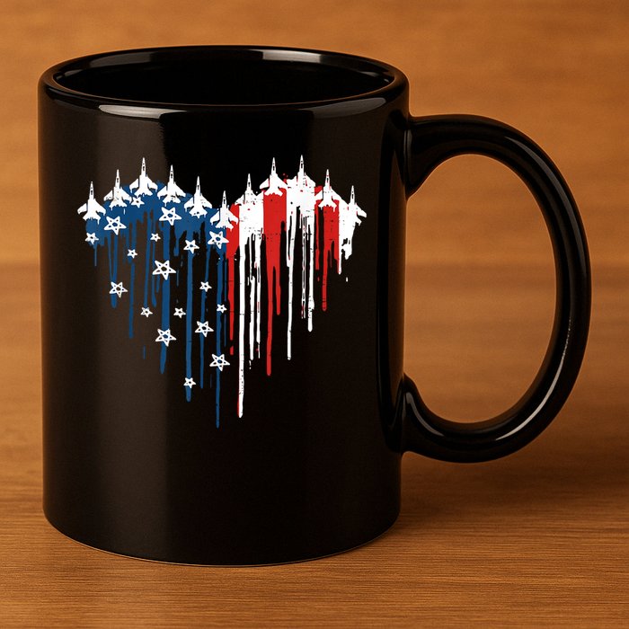 Retro Fighter Jet Airplane American Flag Heart 4th Of July 11oz C Handle Ceramic Mug