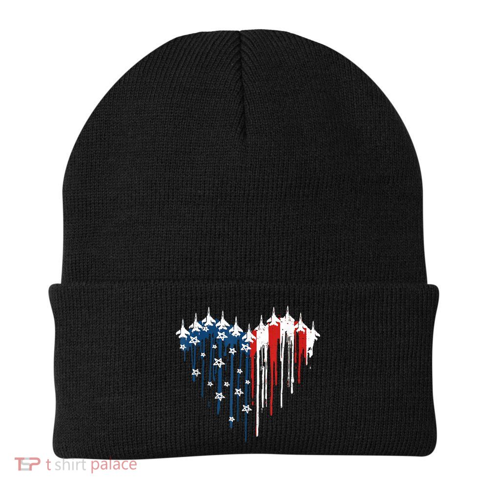 Retro Fighter Jet Airplane American Flag Heart 4th Of July Beanie