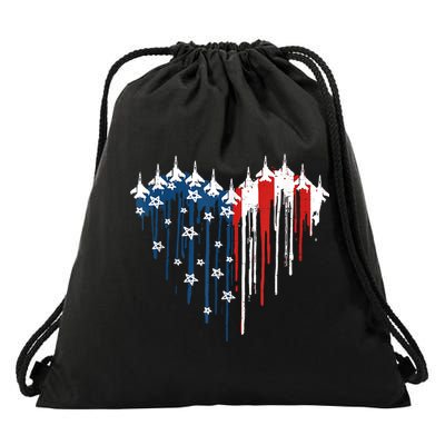 Retro Fighter Jet Airplane American Flag Heart 4th Of July Drawstring Bag