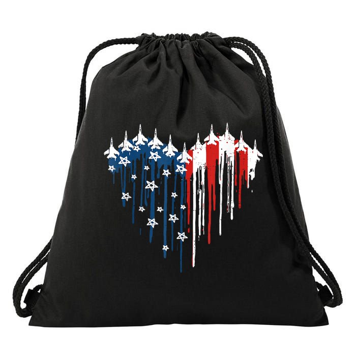 Retro Fighter Jet Airplane American Flag Heart 4th Of July Drawstring Bag