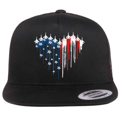 Retro Fighter Jet Airplane American Flag Heart 4th Of July Flatbill Hat