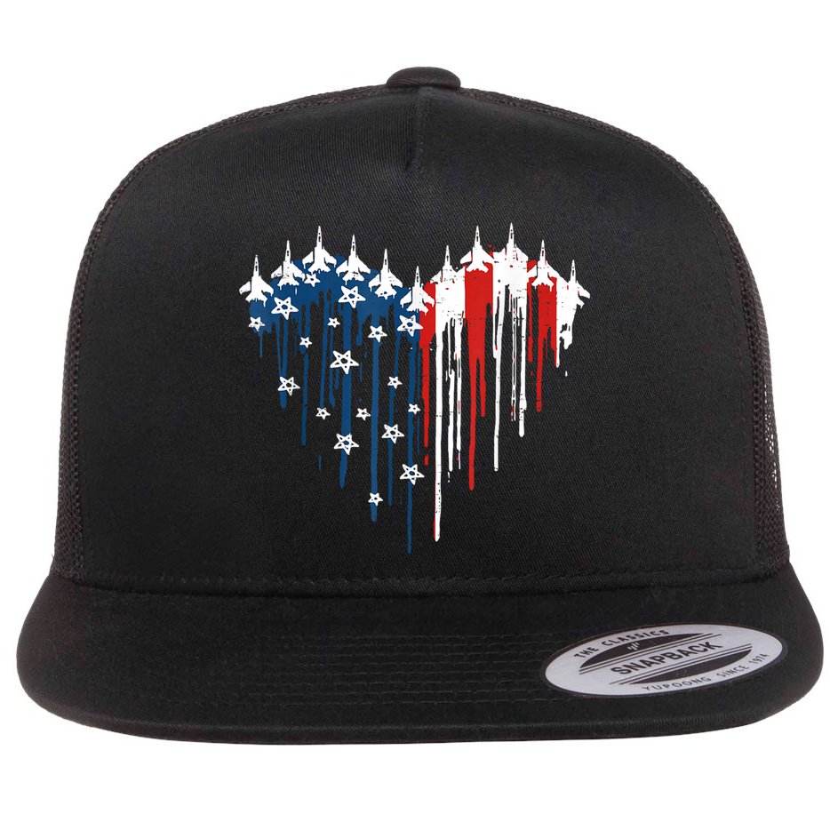 Retro Fighter Jet Airplane American Flag Heart 4th Of July Flat Bill Trucker Hat