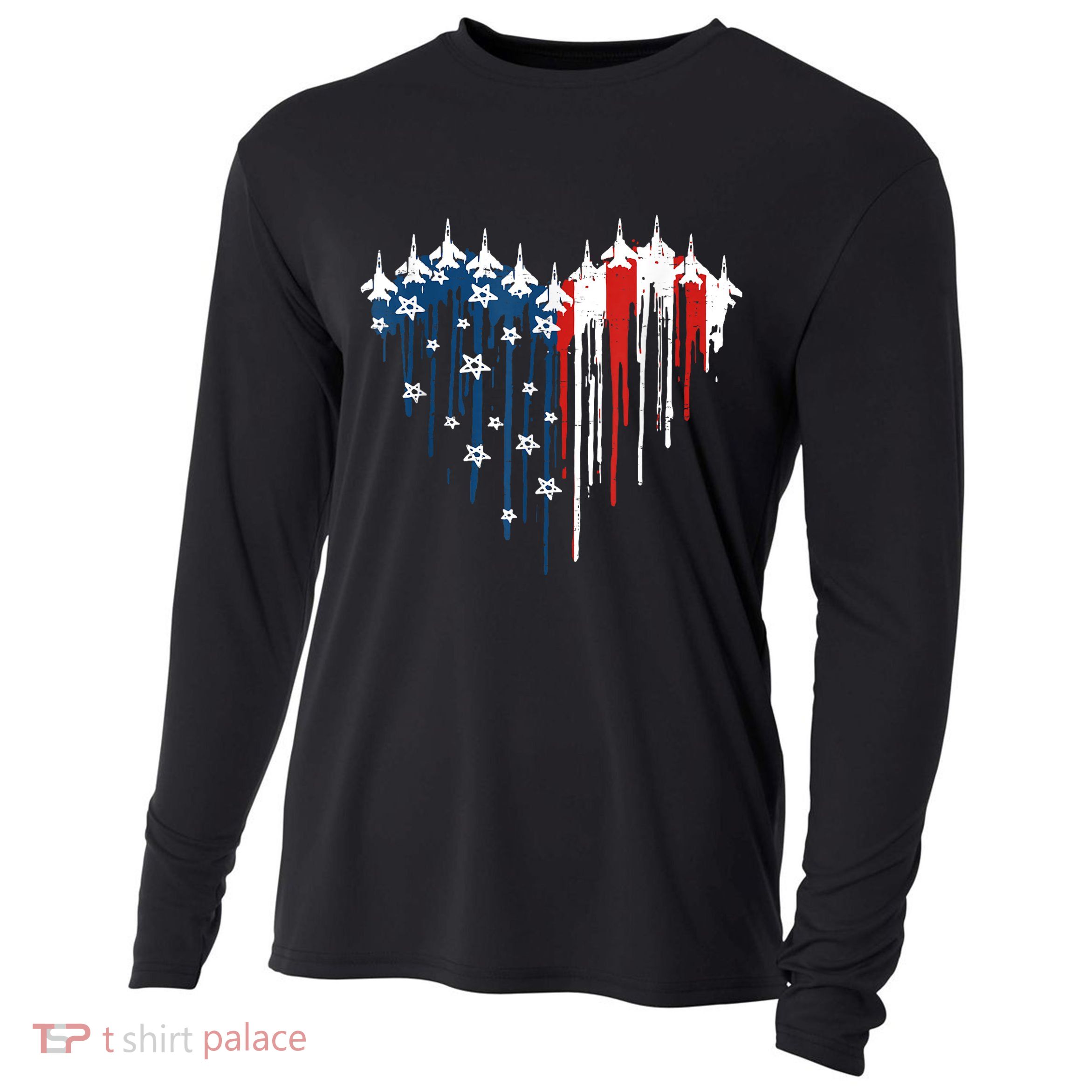 Retro Fighter Jet Airplane American Flag Heart 4th Of July Cooling Performance Long Sleeve Crew