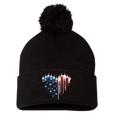 Retro Fighter Jet Airplane American Flag Heart 4th Of July Pom Pom 12in Knit Beanie