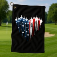 Retro Fighter Jet Airplane American Flag Heart 4th Of July Golf Towel