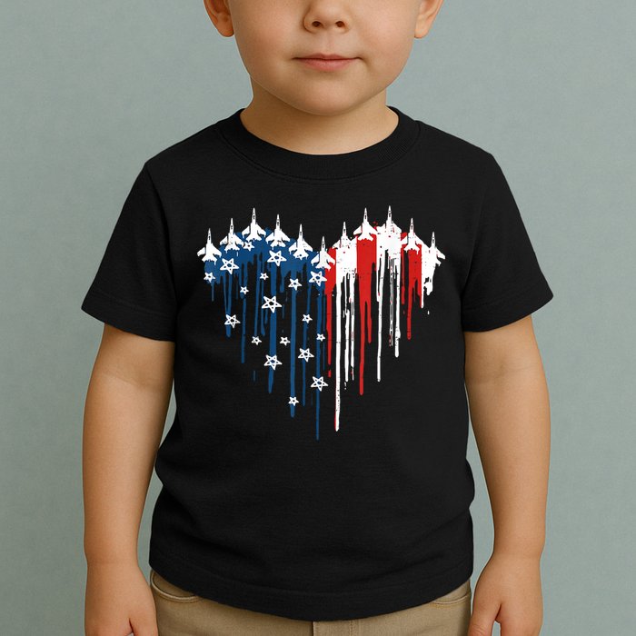 Retro Fighter Jet Airplane American Flag Heart 4th Of July Toddler T-Shirt