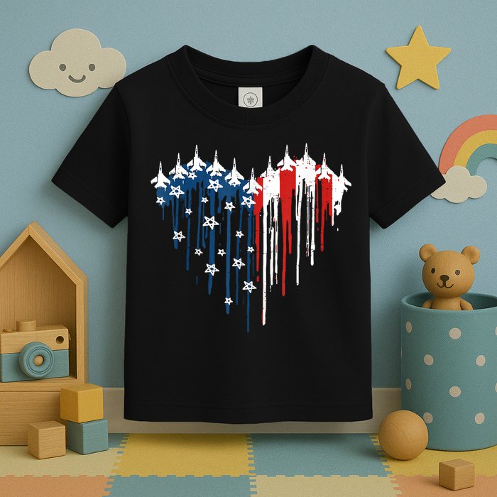 Retro Fighter Jet Airplane American Flag Heart 4th Of July Toddler T-Shirt