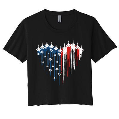 Retro Fighter Jet Airplane American Flag Heart 4th Of July Crop Top