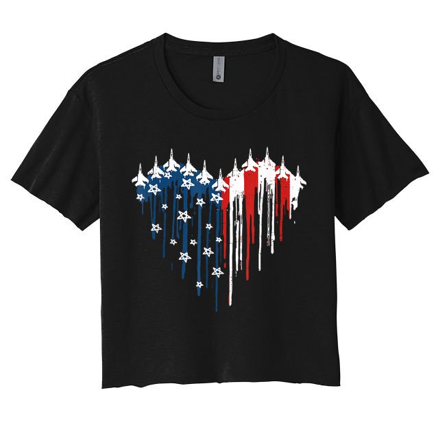 Retro Fighter Jet Airplane American Flag Heart 4th Of July Crop Top