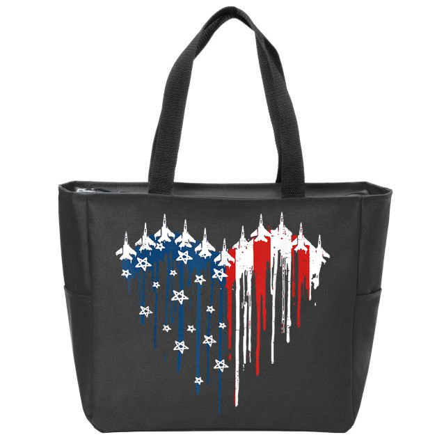 Retro Fighter Jet Airplane American Flag Heart 4th Of July Zip Tote Bag