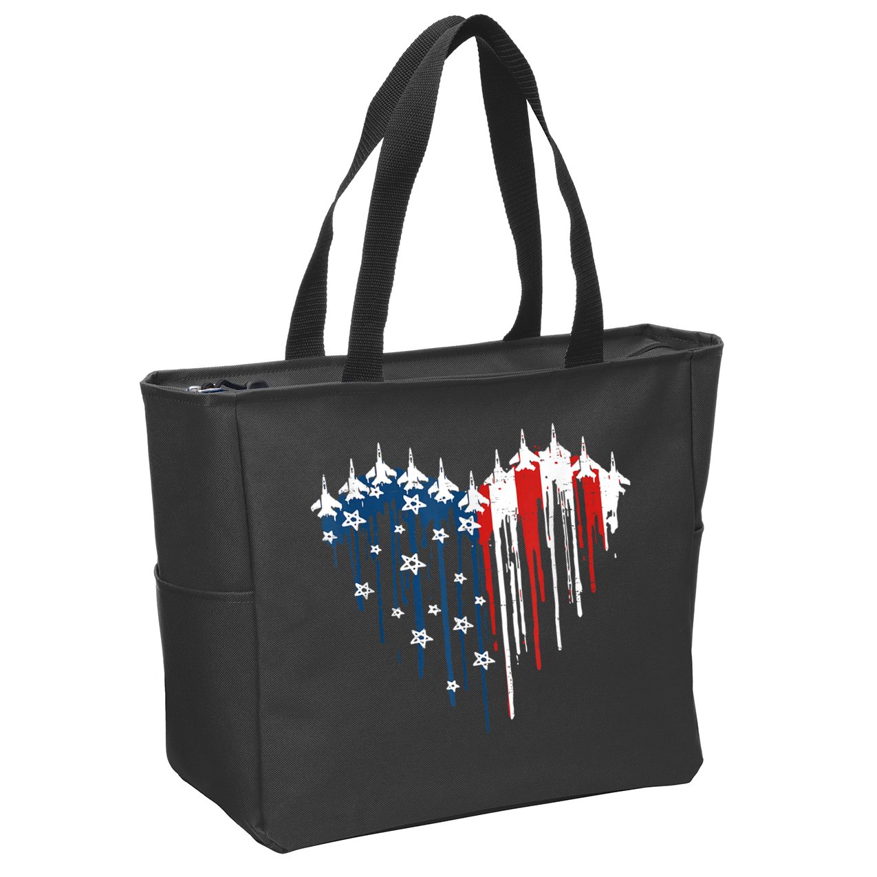 Retro Fighter Jet Airplane American Flag Heart 4th Of July Zip Tote Bag