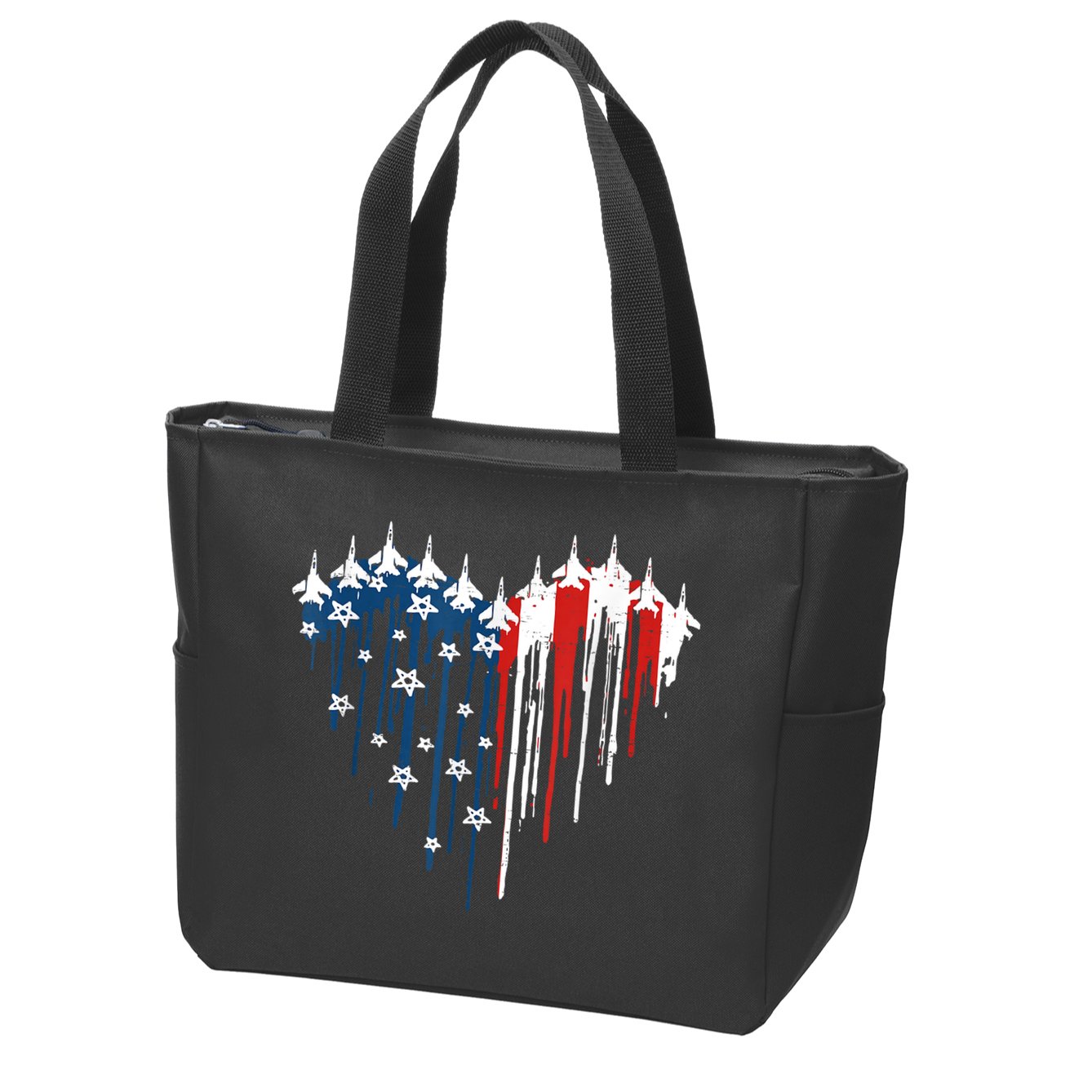 Retro Fighter Jet Airplane American Flag Heart 4th Of July Zip Tote Bag