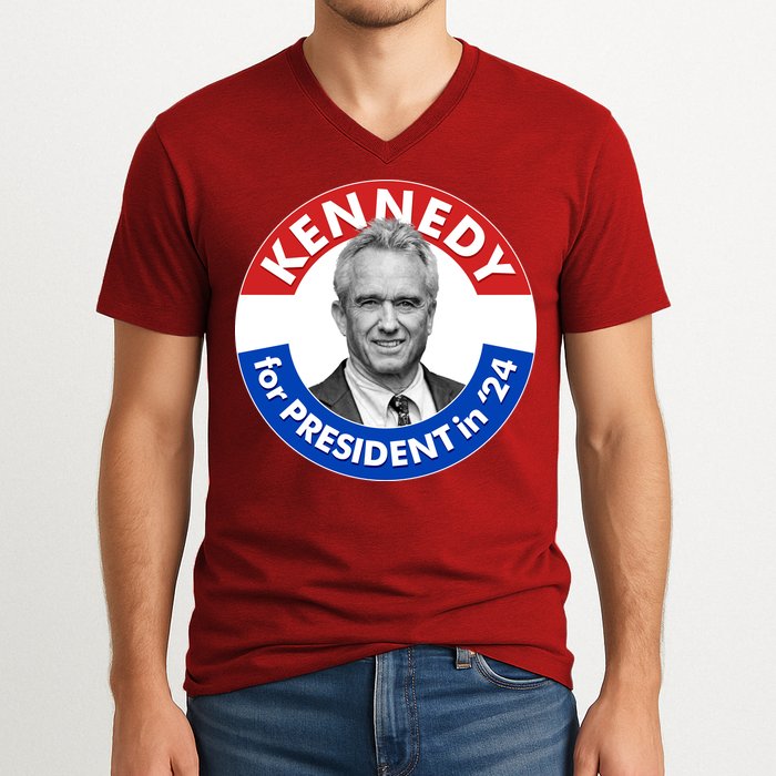 Robert F Kennedy Jr For President In 2024 Emblem Button V-Neck T-Shirt