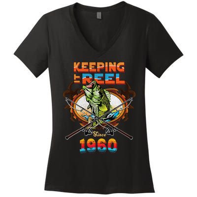 Reel Fishing Legend 60th Birthday Keeping It Reel Since 1960 Women's V-Neck T-Shirt