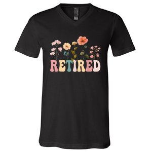 Retired Floral Letters Design Retirement Gifts V-Neck T-Shirt