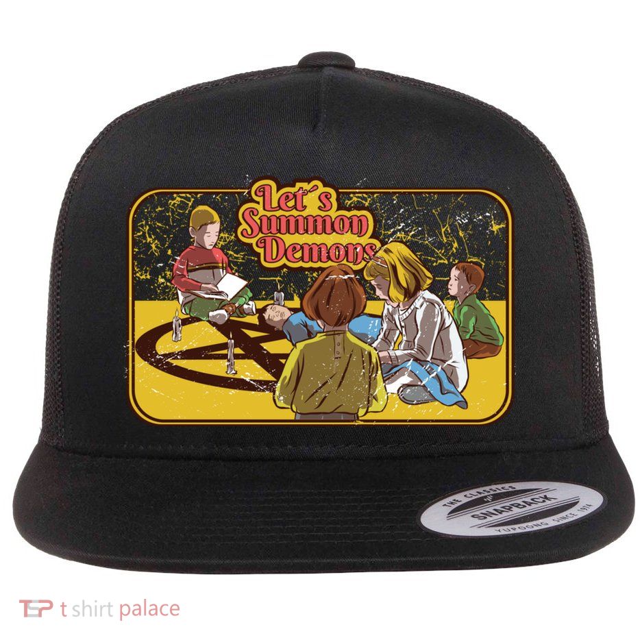 Retro Funny Lets Summon Demons Parody Adult Humor Gift Flat Bill Trucker Hat