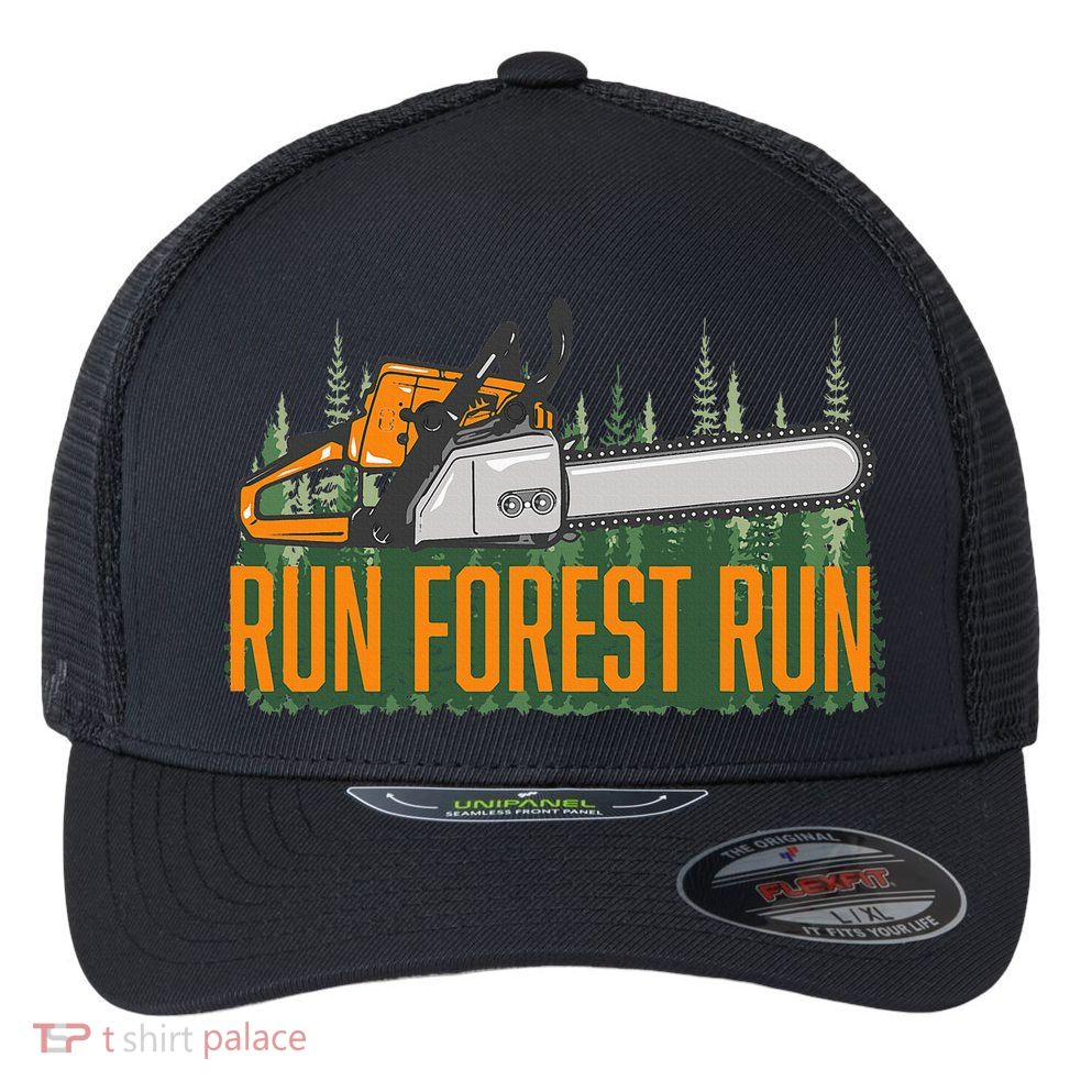Run Forest Lumberjack Chainsaw & Logger Woodsman Flexfit Unipanel Trucker Cap
